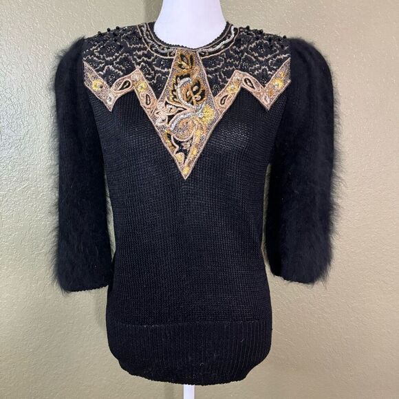 Vintage 80's L Bead Embroidered Pullover Sweater Black Angora Sleeve Maximalist - Picture 1 of 6